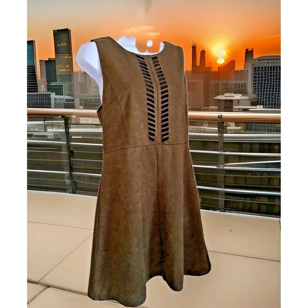 Blush Noir Mini Dress L‎ Brown Faux Suede Fit & Flare Sleeveless Lined Back Zip